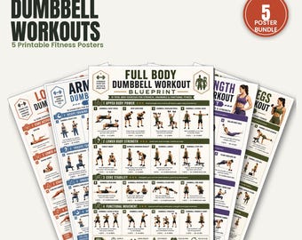 Pacchetto di allenamento completo per tutto il corpo con manubri stampabile, routine di allenamento a casa per braccia, gambe, glutei, schiena, petto e addominali in PDF, 5 poster fitness per uomini e donne