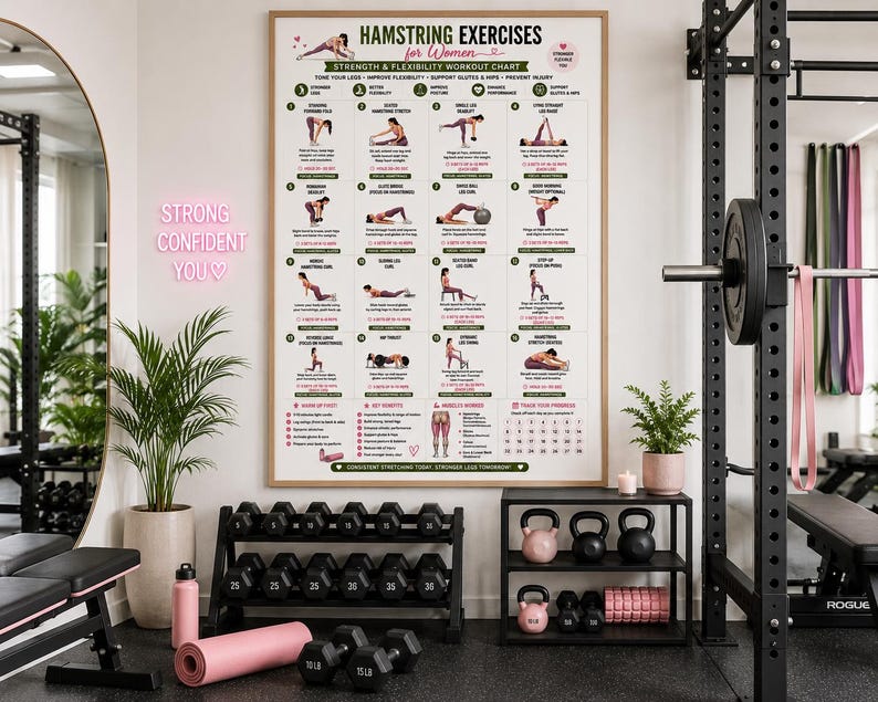 Hamstring Stretch PDF, Hamstring Exercises, Leg Stretching Workout, Lower Body Exercises, Flexibility Poster, Home Fitness Wall Art