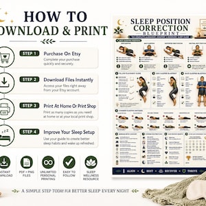 Sleep Position Correction Poster, Printable Better Sleep Alignment Guide, Bedroom Wall Art, Pillow Placement & Posture Chart, A4 US Letter
