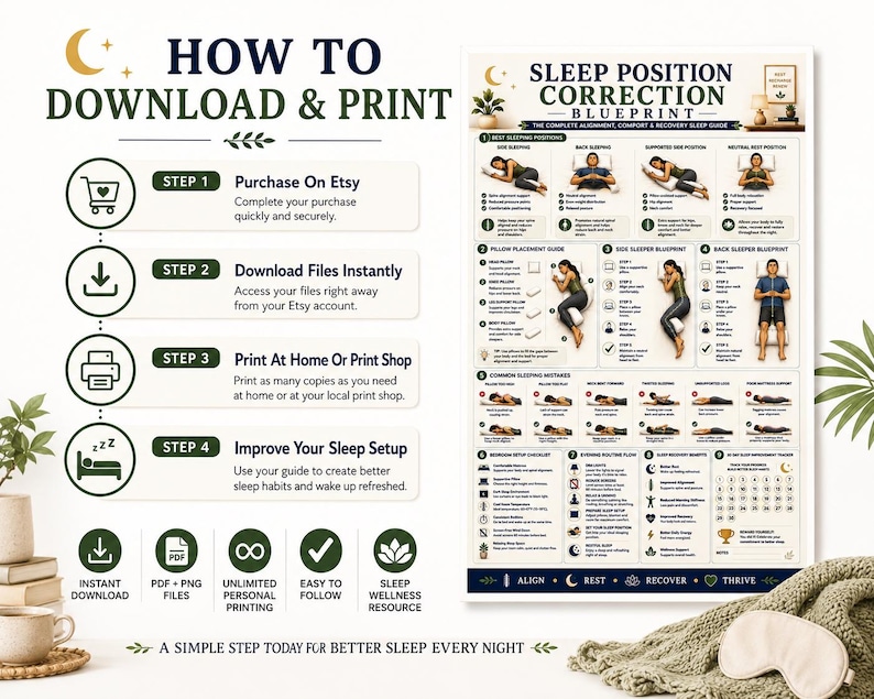 Sleep Position Correction Poster, Printable Better Sleep Alignment Guide, Bedroom Wall Art, Pillow Placement & Posture Chart, A4 US Letter