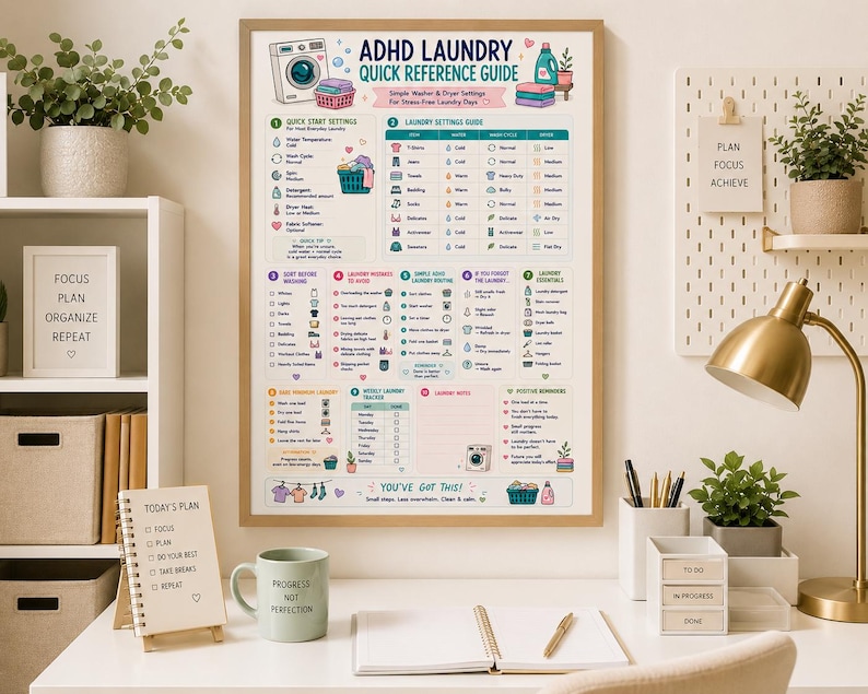ADHD Laundry Quick Reference Guide | Washer & Dryer Settings Cheat Sheet | Executive Dysfunction Cleaning Printable
