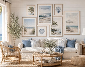 Conjunto de láminas decorativas costeras para pared, láminas para decoración de casas de playa, galería náutica oceánica para pared, arte costero para sala de estar, descarga digital.