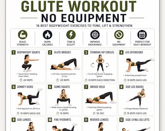 Glute Workout No Equipment Printable PDF, Glutes Exercise Chart, Lower Body Home Workout Poster For Legs And Glutes