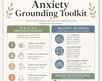 Póster con herramientas para la relajación y el control de la ansiedad, técnicas de respiración y conexión a tierra 5-4-3-2-1, arte mural para la calma y el bienestar mental, descarga instantánea.