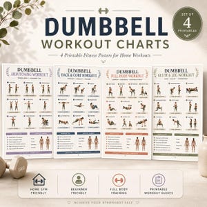 May include: A set of four printable dumbbell workout charts featuring exercise illustrations, muscle group diagrams, and workout tips. The posters are titled Arm Toning, Back & Core, Full Body, and Glute & Leg Workout, with a 5kg dumbbell visible.