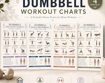 Pacchetto di esercizi con manubri stampabili, esercizi per tutto il corpo con manubri, poster per allenamenti in palestra a casa, tabelle di fitness per braccia, gambe, glutei e addominali