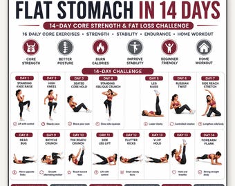 Flat Stomach in 2 Weeks Printable | 14 Day Core Workout Challenge | 16 Ab Exercises Chart | Home Core Workout for Women | Instant Download