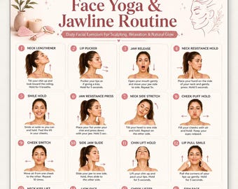 Face Yoga Routine Printable, Jawline Exercises Chart, Neck Toning Workout, Facial Exercise Poster, Double Chin Workout, Beauty Wellness PDF