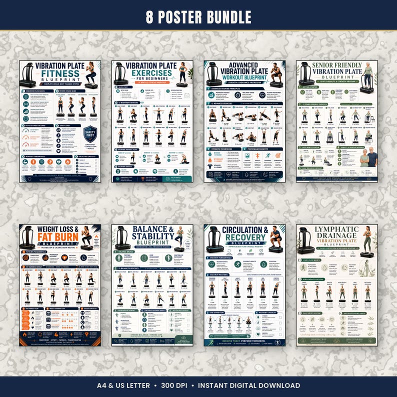Vibration Plate Workout Bundle, 8 Printable Exercise Posters, Whole Body Fitness Wall Art, Beginner to Advanced Guide, A4 US Letter Download