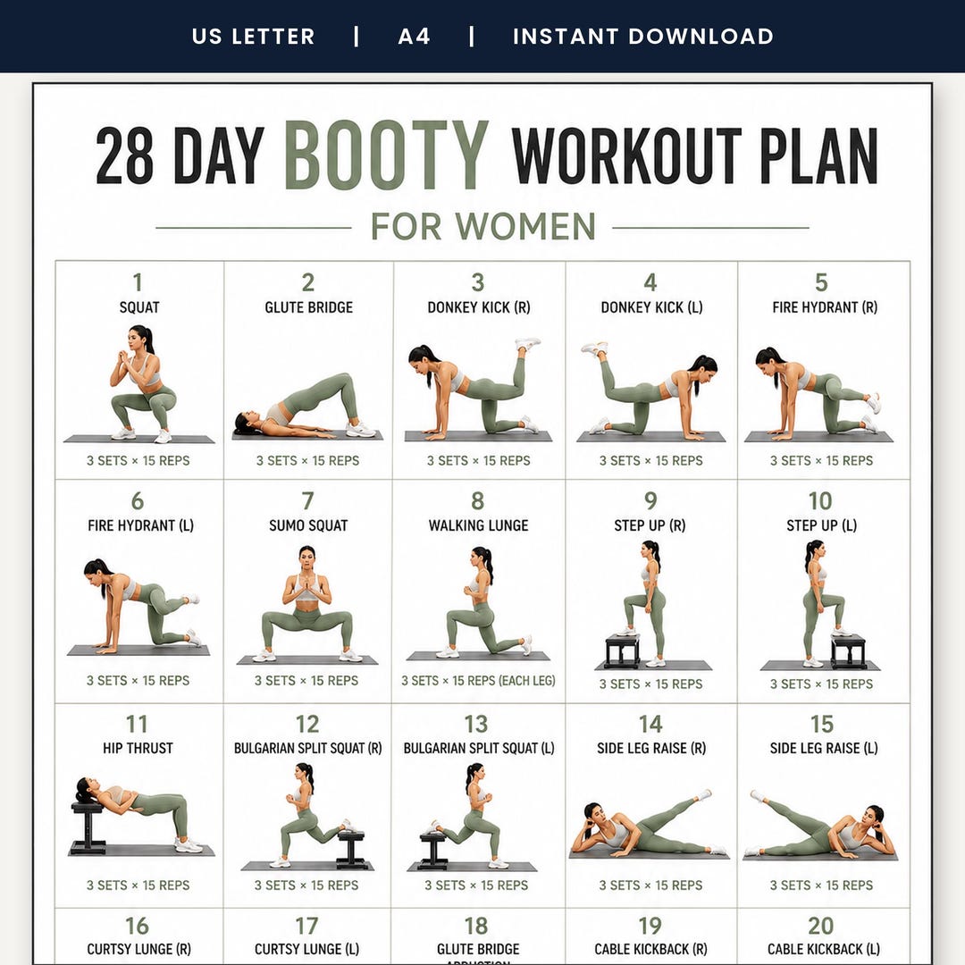 28 Day Booty Workout Plan for Women Printable, Glute Exercise Challenge ...