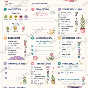 Può includere: Un foglio stampabile Peaceful Evening Reset Planner con sfondo color crema. Include dieci sezioni per le routine serali, tra cui Today's Check-in, Gratitude Moments e Sleep Prep Checklist, decorate con icone colorate come candele, piante e lune.