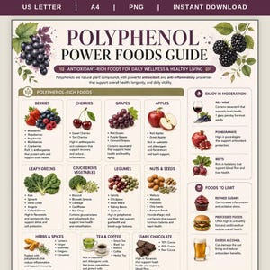 Polyphenolreiche Lebensmittel (PDF zum Ausdrucken) | Übersicht antioxidativer Lebensmittel | Leitfaden für eine entzündungshemmende Ernährung | Liste mit Lebensmitteln für die Darmgesundheit | Poster mit Lebensmitteln für ein langes Leben