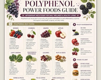 Printbare PDF-lijst met voedingsmiddelen rijk aan polyfenolen | Overzicht van antioxidante voedingsmiddelen | Gids voor een ontstekingsremmend dieet | Lijst met voedingsmiddelen voor een gezonde darmflora | Poster met voedingsmiddelen voor een lang leven