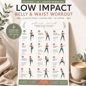 Allenamento a basso impatto per addome e vita / Tabella di esercizi stampabile / Routine di fitness a casa per donne / Allenamento completo in piedi per tutto il corpo