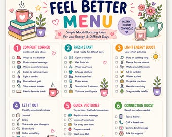 Feel Better Menu Printable, Dopamine Menu ADHD Energy Checklist, Mood Boost Self Care Worksheet, Low Energy Burnout Coping Tool PDF