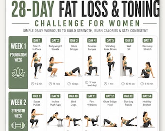 Reto de 28 días para perder grasa y tonificar el cuerpo para mujeres, póster imprimible para entrenamiento en casa, decoración de pared con plan de fitness de 28 días, descarga instantánea.