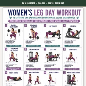 Può includere: Un poster di allenamento digitale intitolato LEG DAY WORKOUT che presenta 16 esercizi con illustrazioni di una persona che esegue movimenti come squat, stacchi, hip thrust e pressa per le gambe, incluse istruzioni e ripetizioni.
