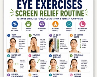 Eye Exercises Printable, Vision Therapy Exercises, Screen Time Eye Care, Digital Eye Fatigue Relief, 20-20-20 Rule PDF