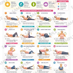May include: A white informational poster titled Morning Bed Exercises for Seniors featuring sixteen numbered illustrations of physical movements. The chart includes text instructions, repetition counts, and tips for daily practice on a supportive bed.