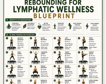 Póster de ejercicios de rebote para el bienestar linfático, 16 ejercicios imprimibles en minitrampolín, arte mural de entrenamiento con rebote, guía de flujo linfático, A4, A5, Carta estadounidense