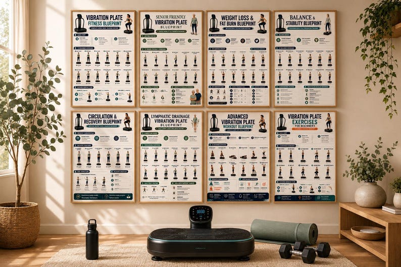 Vibration Plate Workout Bundle, 8 Printable Exercise Posters, Whole Body Fitness Wall Art, Beginner to Advanced Guide, A4 US Letter Download