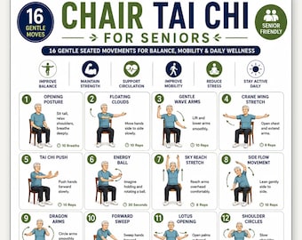 Chair Tai Chi for Seniors Printable, 16 Gentle Seated Exercises Poster, Senior Chair Workout Guide, Balance Mobility Stretching Wall Art