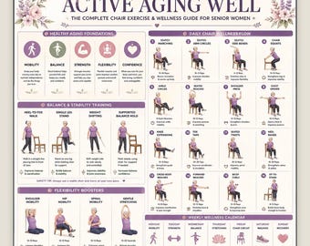 Chair Exercises for Senior Women Printable PDF | Senior Fitness Chart | Seated Workout Poster | Active Aging Guide
