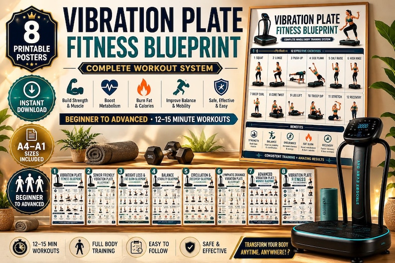 Vibration Plate Workout Bundle, 8 Printable Exercise Posters, Whole Body Fitness Wall Art, Beginner to Advanced Guide, A4 US Letter Download