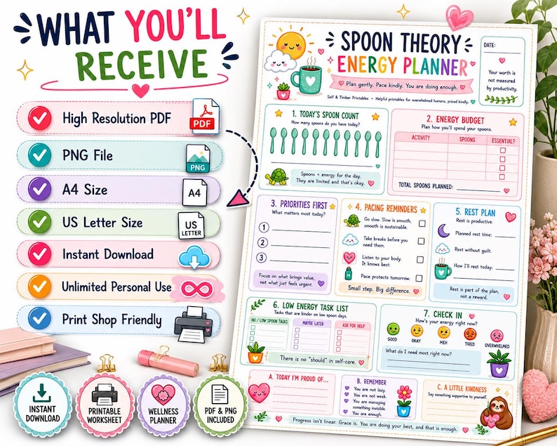 Spoon Theory Energy Planner | Chronic Illness Spoonie Printable | ADHD Fatigue Tracker | Pacing Self Care Planner | Low Spoon Days