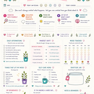 May include: A Mood & Mindset Reset Planner page featuring sections for daily check-ins, affirmations, mood tracking, a self-care menu, and a gratitude jar. The layout includes colorful illustrations of plants, mugs, and a rainbow with motivational text.