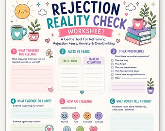 Werkblad afwijzing Reality Check, ADHD RSD-afwijzingsgevoeligheid toolkit, angst te veel nadenken Reframen Afdrukbaar, tool emotionele regulatie