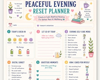 Vreedzame avond resetplanner | Bedtijdroutine: werkblad ontspannen | Afdrukbaar zelfzorgwellness slapen