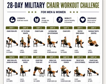 Reto de entrenamiento en silla militar de 28 días, plan de ejercicios con peso corporal sentado, póster de ejercicios en silla en PDF