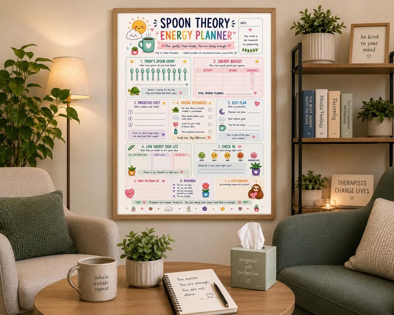 Spoon Theory Energy Planner | Chronic Illness Spoonie Printable | ADHD Fatigue Tracker | Pacing Self Care Planner | Low Spoon Days