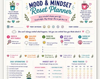 Planner stemming en mindset resetten, CGT-mindsetjournaal afdrukbaar, angst geestelijke gezondheid zelfzorg, werkblad Affirmaties Mood Tracker pdf