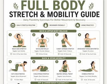 Poster met gids voor volledige lichaamsrek en mobiliteit, tabel met 16 dagelijkse flexibiliteitsoefeningen, stretchroutine muurkunst thuis pdf