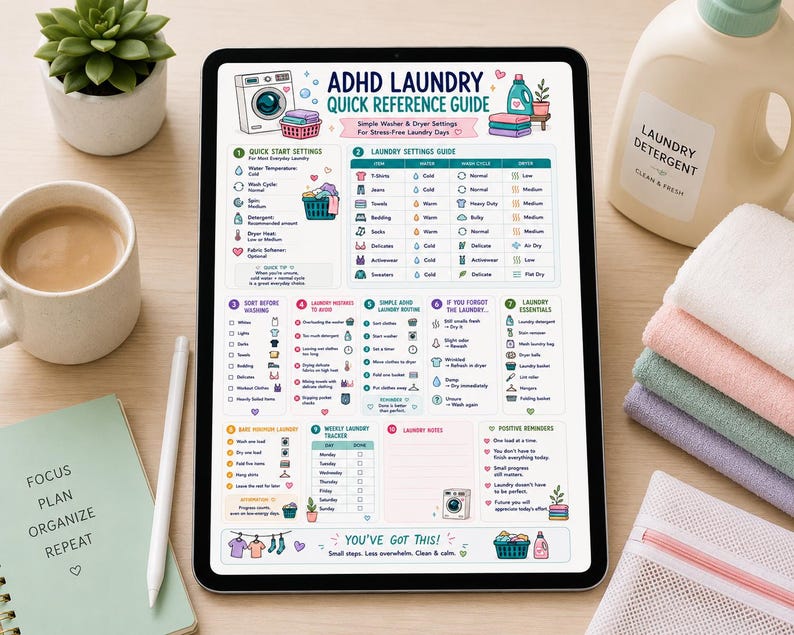 ADHD Laundry Quick Reference Guide | Washer & Dryer Settings Cheat Sheet | Executive Dysfunction Cleaning Printable