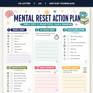 May include: A Mental Reset Action Plan printable worksheet featuring six numbered sections for focus and calm. The document includes checkboxes, icons, and prompts like Pause & Reset, My Fastest Reset, Quick Calming Actions, Refocus Activities, Rebuild Momentum, and What Can Wait.