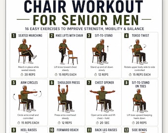 Ejercicios en silla para hombres mayores (PDF imprimible), póster de ejercicios sentados (A4, tamaño carta), tabla de 16 ejercicios en silla, fitness en casa para personas mayores.