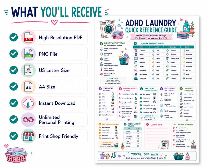 ADHD Laundry Quick Reference Guide | Washer & Dryer Settings Cheat Sheet | Executive Dysfunction Cleaning Printable