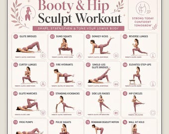 Poster di allenamento per glutei e fianchi, tabella di esercizi per la parte inferiore del corpo, allenamento per gambe e glutei per donne, PDF stampabile per la palestra in casa