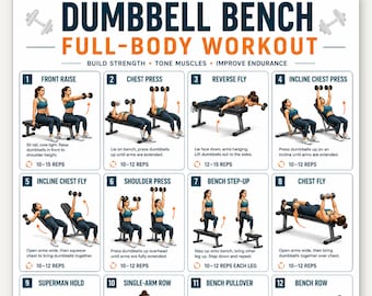 Poster con esercizi completi per tutto il corpo con manubri, 16 esercizi di forza stampabili, decorazione murale per la palestra di casa, guida all'allenamento con i pesi, download in formato A4 US Letter.