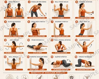 Shoulder Pain Relief Exercises Poster, 16 Printable Mobility Stretches, Physical Therapy Wall Art, Posture Recovery Guide, A4 A5 US Letter