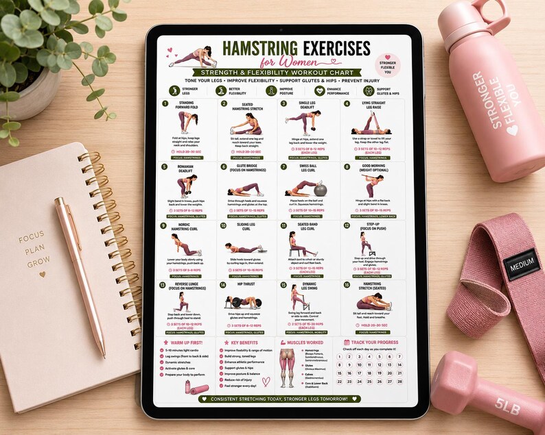 Hamstring Stretch PDF, Hamstring Exercises, Leg Stretching Workout, Lower Body Exercises, Flexibility Poster, Home Fitness Wall Art