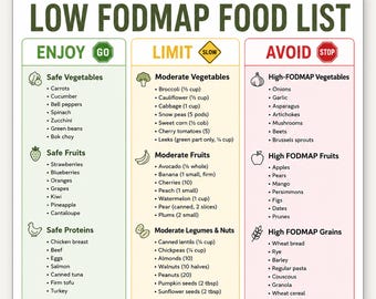 Lista di alimenti per la dieta a basso contenuto di FODMAP stampabile / Guida per alleviare la sindrome dell'intestino irritabile e il gonfiore addominale / Salute intestinale/Supporto digestivo / Tabella degli alimenti per la dieta a basso contenuto di FODMAP in PDF