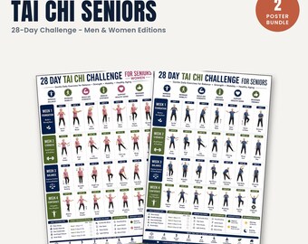 Pacchetto di 28 giorni di sfida di Tai Chi per anziani, edizioni per uomo e donna, programma quotidiano di equilibrio, forza e mobilità in formato PDF stampabile.