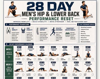 Hüft- und unterer Rücken-Training für Männer Druckbare Tabelle, 16 illustrierte Hüft-Flexibilitäts-Übungen, unterer Rücken Workout Poster PDF, Heimtraining