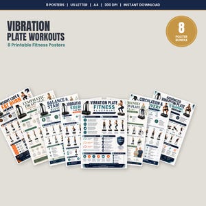 Paquete de ejercicios con plataforma vibratoria, 8 pósteres de ejercicios imprimibles, arte mural para fitness de cuerpo completo, guía para principiantes y avanzados, descarga en formato A4 (tamaño carta estadounidense).