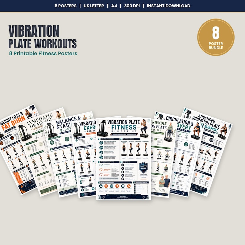 Vibration Plate Workout Bundle, 8 Printable Exercise Posters, Whole Body Fitness Wall Art, Beginner to Advanced Guide, A4 US Letter Download