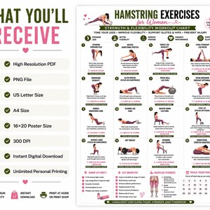 Hamstring Stretch PDF, Hamstring Exercises, Leg Stretching Workout, Lower Body Exercises, Flexibility Poster, Home Fitness Wall Art